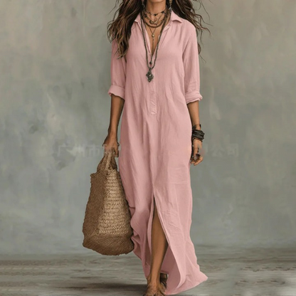 Léa - Robe Maxi Bohème Femme en Lin avec Col Chemise et Fente Latérale
