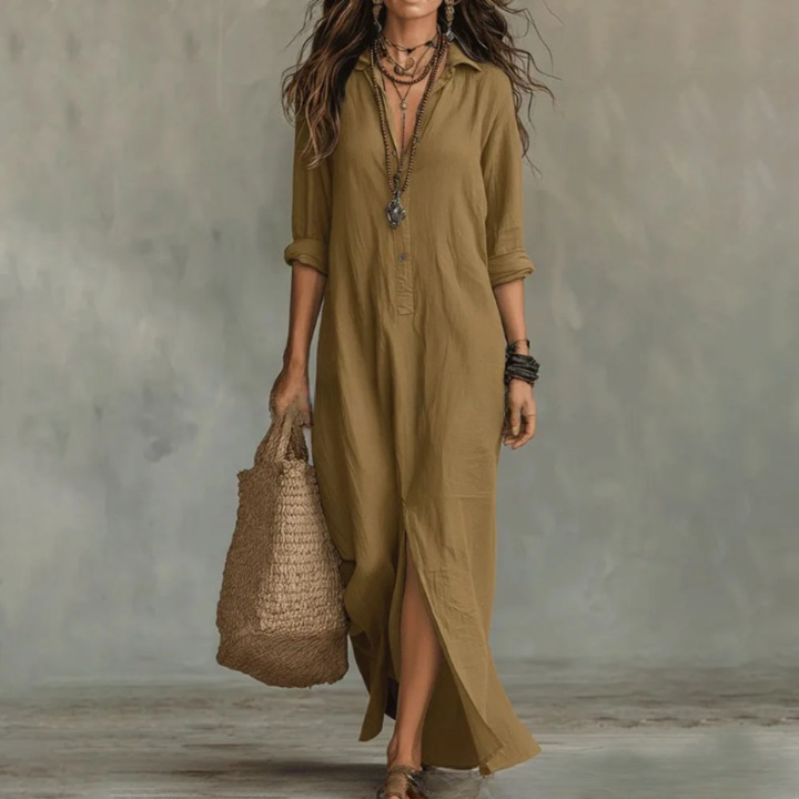 Léa - Robe Maxi Bohème Femme en Lin avec Col Chemise et Fente Latérale