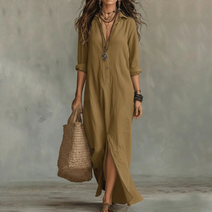 Léa - Robe Maxi Bohème Femme en Lin avec Col Chemise et Fente Latérale