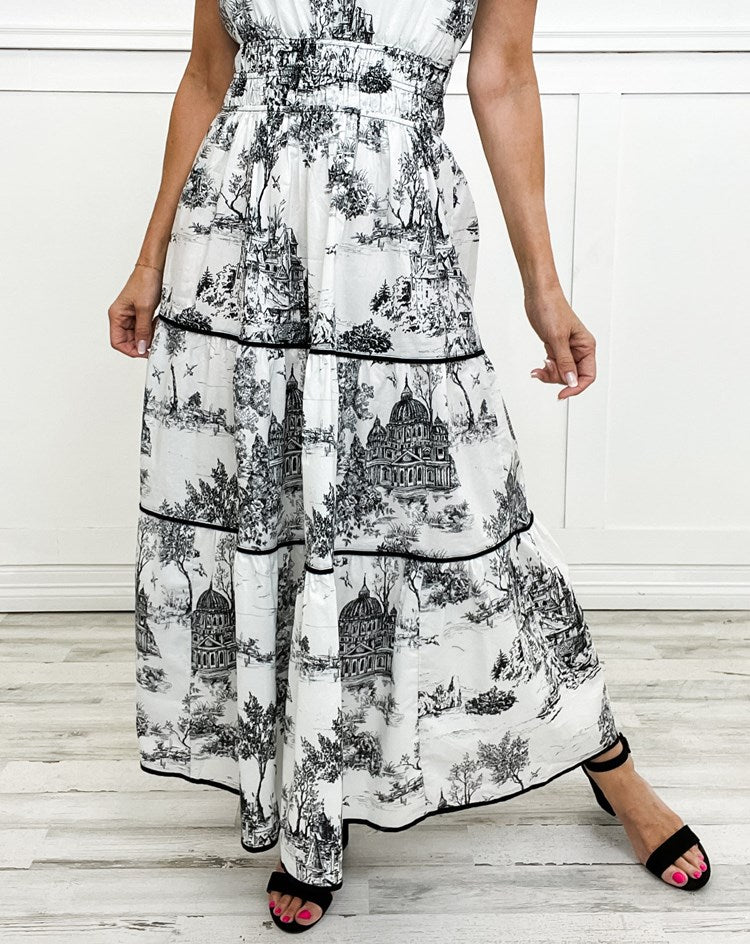 Léa - Robe Maxi Bohème Invitée Mariage Femme avec Imprimé Toile et Taille Élastiquée