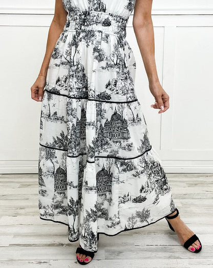Léa - Robe Maxi Bohème Invitée Mariage Femme avec Imprimé Toile et Taille Élastiquée