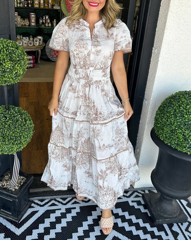 Léa - Robe Maxi Bohème Invitée Mariage Femme avec Imprimé Toile et Taille Élastiquée