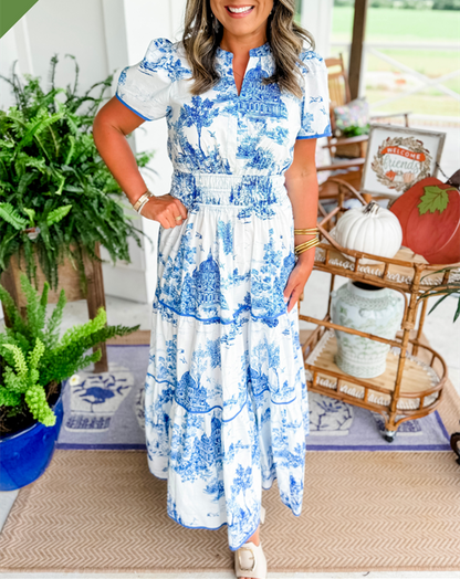 Léa - Robe Maxi Bohème Invitée Mariage Femme avec Imprimé Toile et Taille Élastiquée