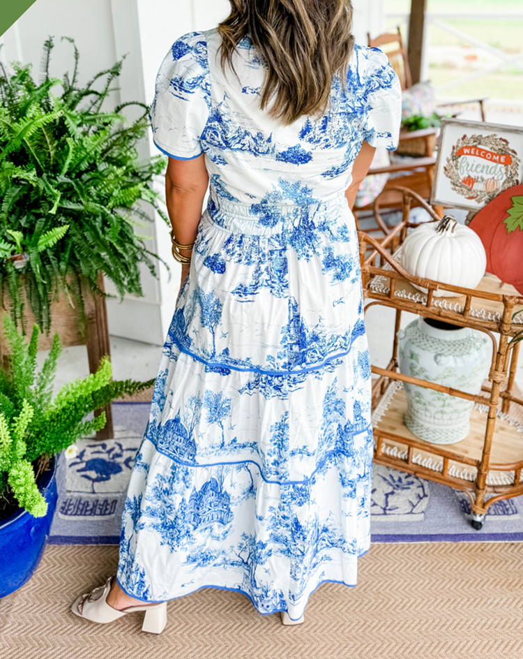 Léa - Robe Maxi Bohème Invitée Mariage Femme avec Imprimé Toile et Taille Élastiquée