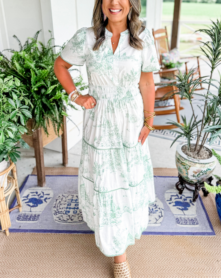 Léa - Robe Maxi Bohème Invitée Mariage Femme avec Imprimé Toile et Taille Élastiquée