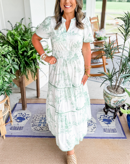 Léa - Robe Maxi Bohème Invitée Mariage Femme avec Imprimé Toile et Taille Élastiquée