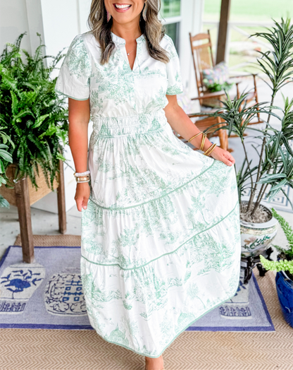Léa - Robe Maxi Bohème Invitée Mariage Femme avec Imprimé Toile et Taille Élastiquée