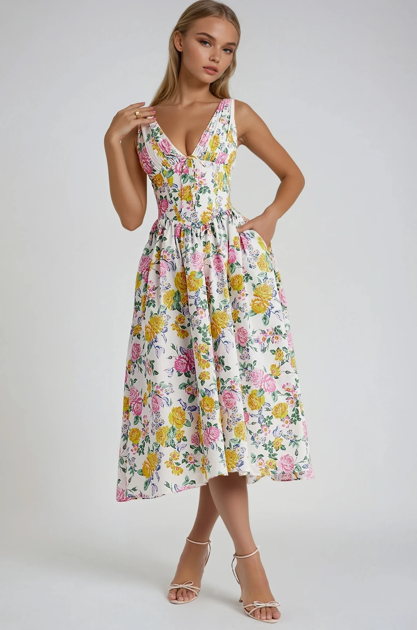 Léa - Robe Midi Élégante Invitée Mariage Femme avec Col V Profond et Jupe Évasée Fleurie