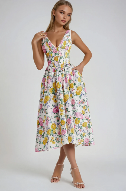 Léa - Robe Midi Élégante Invitée Mariage Femme avec Col V Profond et Jupe Évasée Fleurie