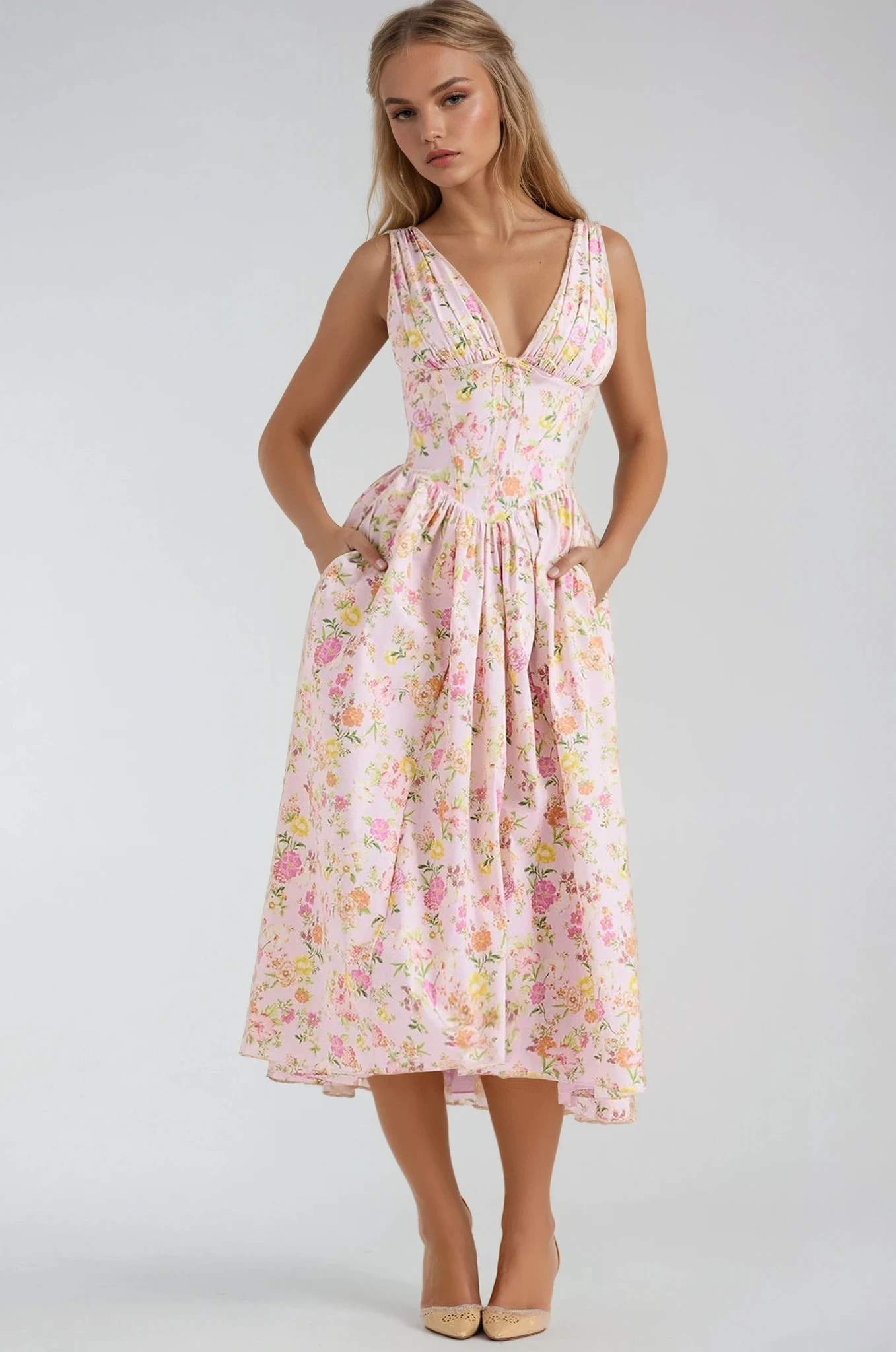 Léa - Robe Midi Élégante Invitée Mariage Femme avec Col V Profond et Jupe Évasée Fleurie