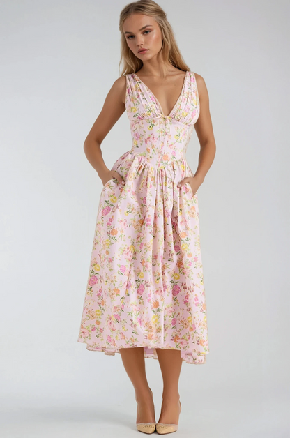 Léa - Robe Midi Élégante Invitée Mariage Femme avec Col V Profond et Jupe Évasée Fleurie