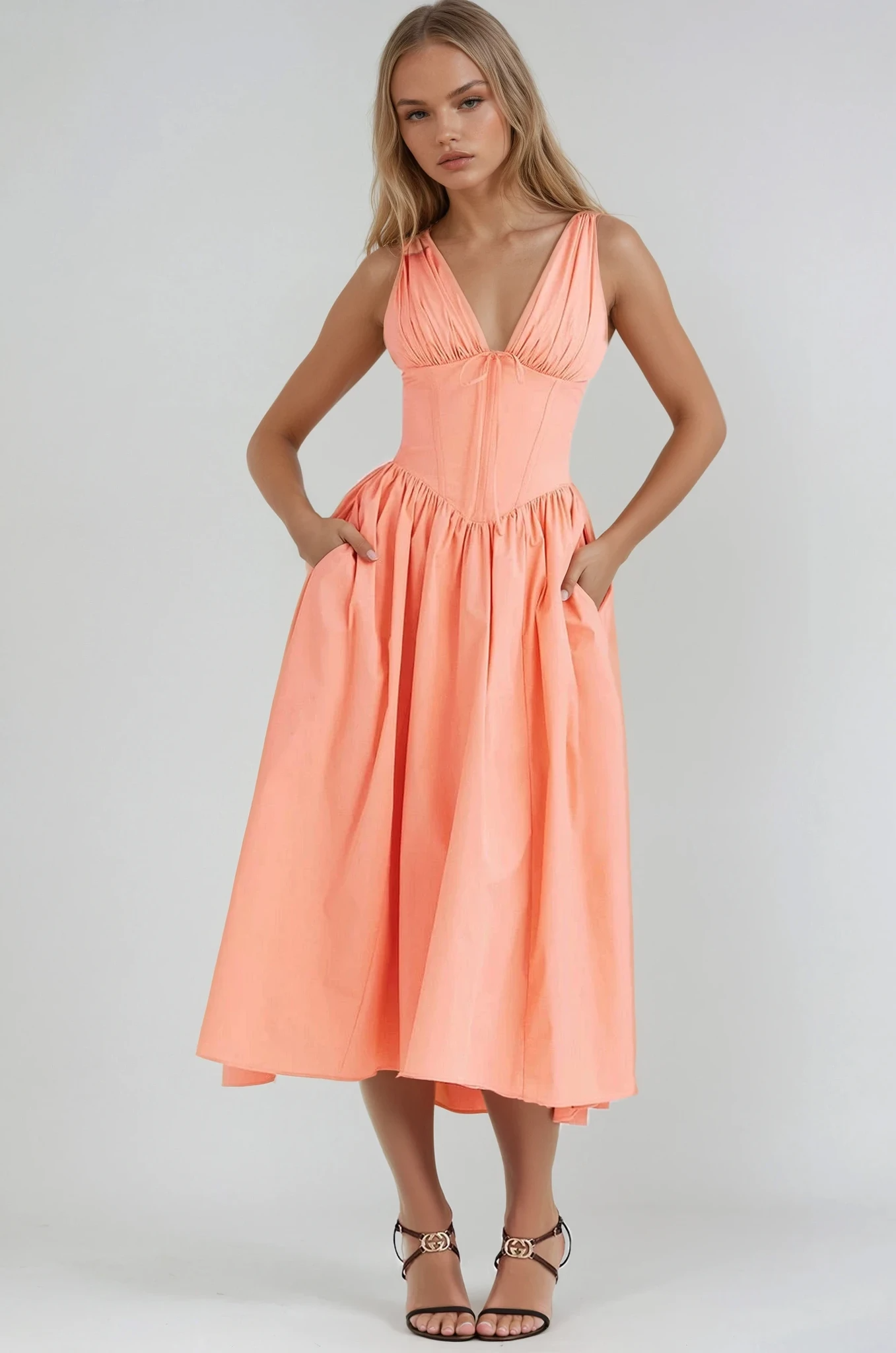 Léa - Robe Midi Élégante Invitée Mariage Femme avec Col V Profond et Jupe Évasée Fleurie