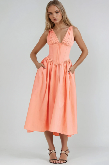 Léa - Robe Midi Élégante Invitée Mariage Femme avec Col V Profond et Jupe Évasée Fleurie
