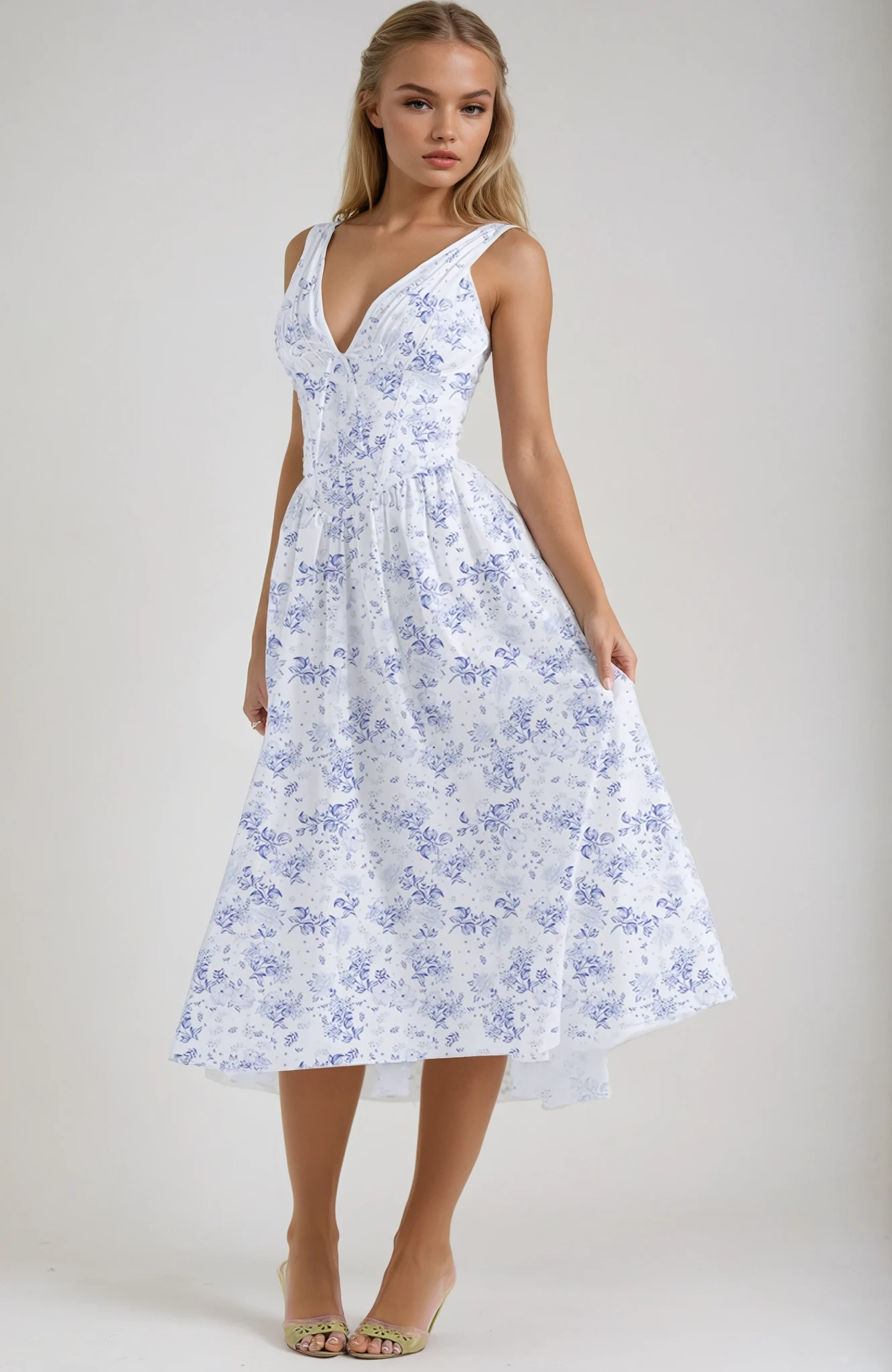 Léa - Robe Midi Élégante Invitée Mariage Femme avec Col V Profond et Jupe Évasée Fleurie