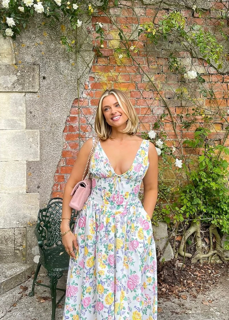 Léa - Robe Midi Élégante Invitée Mariage Femme avec Col V Profond et Jupe Évasée Fleurie