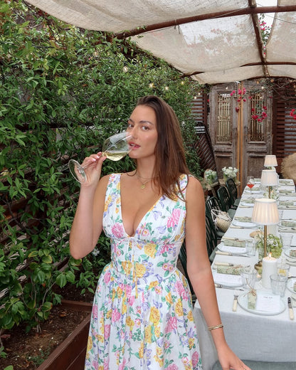 Léa - Robe Midi Élégante Invitée Mariage Femme avec Col V Profond et Jupe Évasée Fleurie