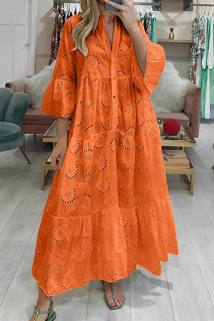 Léa - Robe d'Été Bohème Femme à Broderies Ajourées avec Col V et Manches Amples