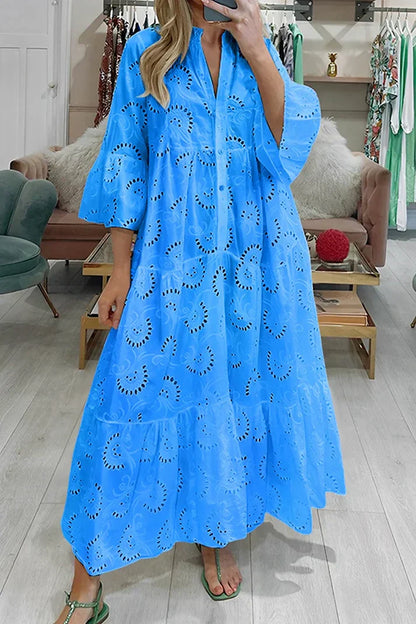 Léa - Robe d'Été Bohème Femme à Broderies Ajourées avec Col V et Manches Amples