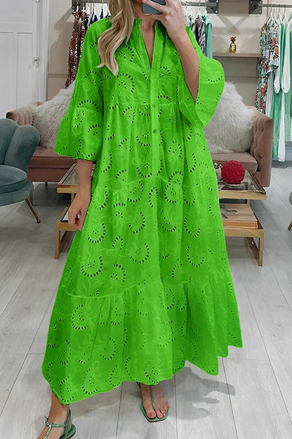 Léa - Robe d'Été Bohème Femme à Broderies Ajourées avec Col V et Manches Amples