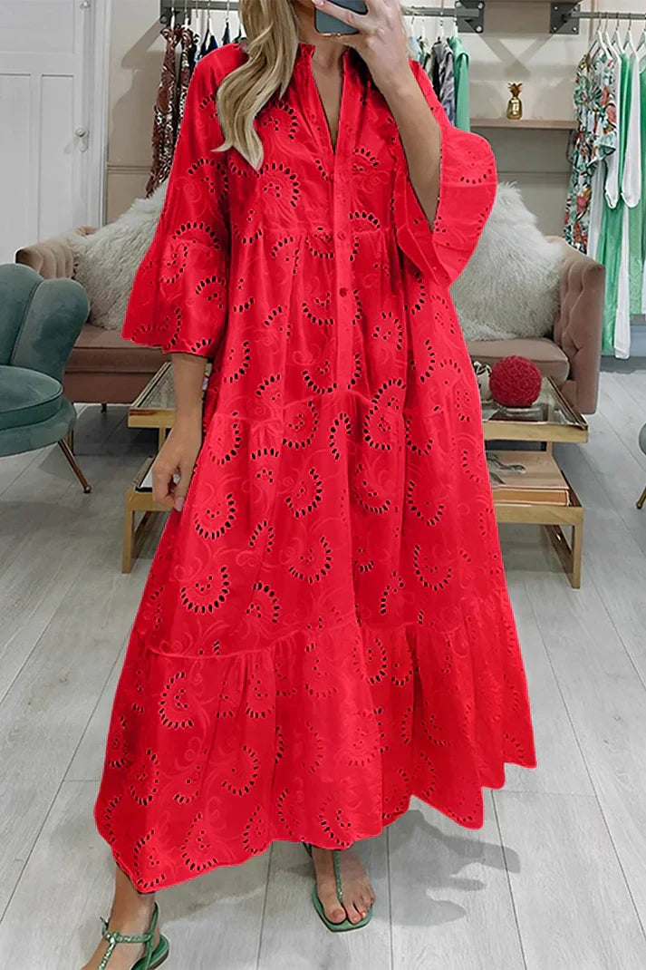 Léa - Robe d'Été Bohème Femme à Broderies Ajourées avec Col V et Manches Amples