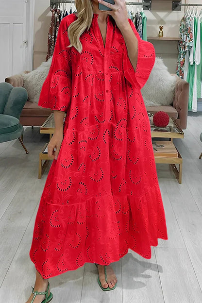 Léa - Robe d'Été Bohème Femme à Broderies Ajourées avec Col V et Manches Amples