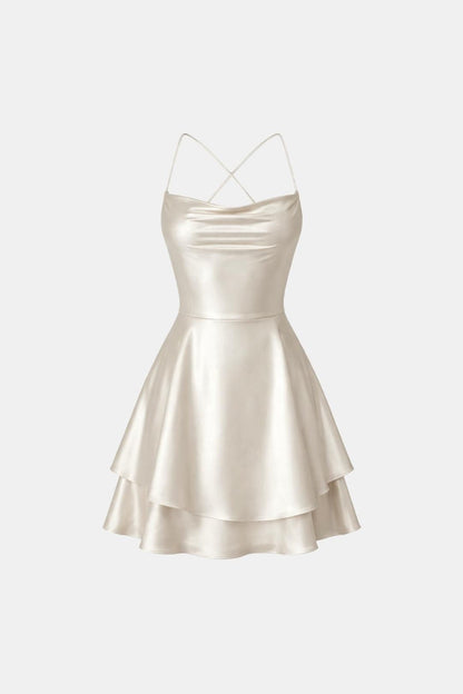 Léa - Robe d'Été Femme Courte Tendance avec Dos Nu Croisé et Jupe Évasée à Double Volant