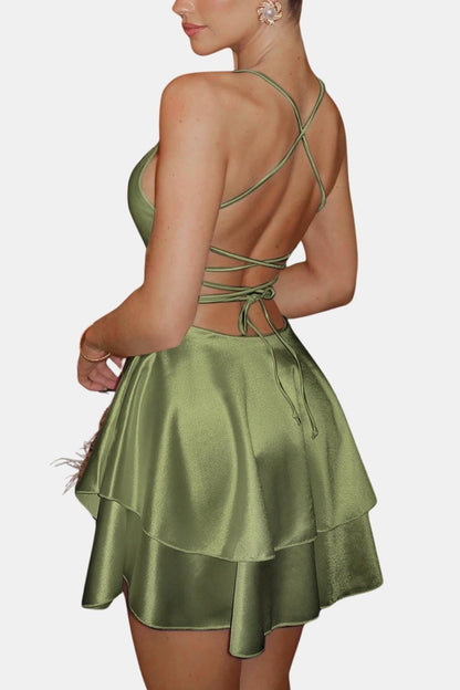 Léa - Robe d'Été Femme Courte Tendance avec Dos Nu Croisé et Jupe Évasée à Double Volant