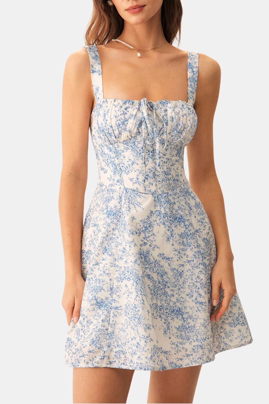 Léa - Robe d'Été Femme Romantique Fleurie avec Bretelles Larges et Col Carré