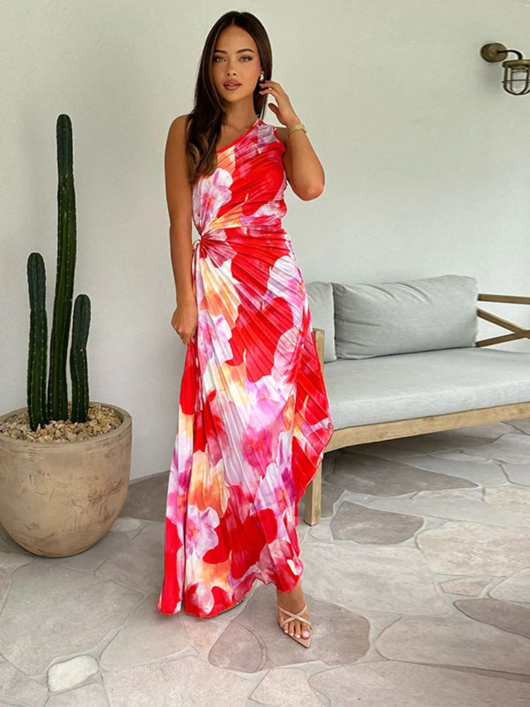 Léa - Robe d'Été Longue Femme Bohème Fleurie Plissée avec une Épaule et Ceinture Nouée