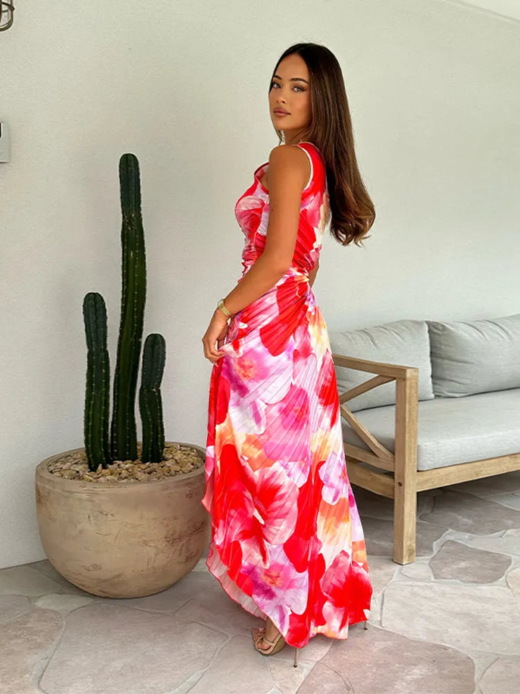 Léa - Robe d'Été Longue Femme Bohème Fleurie Plissée avec une Épaule et Ceinture Nouée
