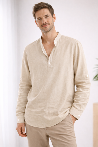 Léo - Chemise en Lin Homme Casual avec Col Mao et Manches Longues Retroussables