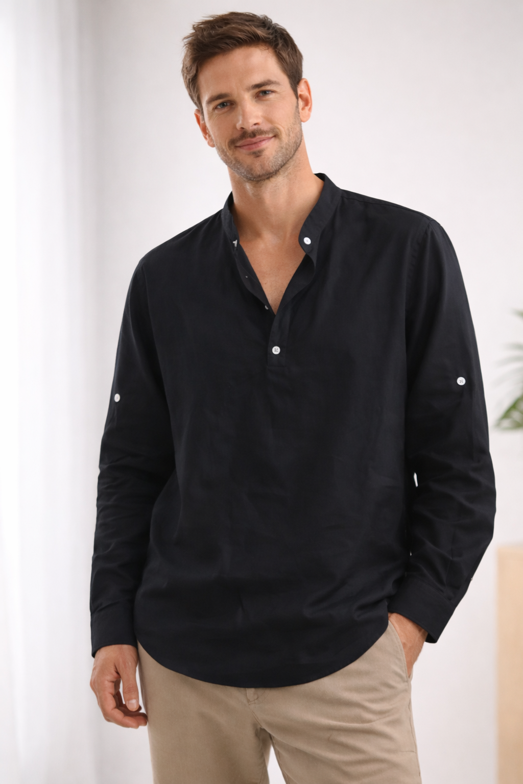 Léo - Chemise en Lin Homme Casual avec Col Mao et Manches Longues Retroussables