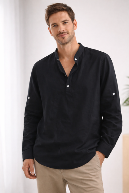 Léo - Chemise en Lin Homme Casual avec Col Mao et Manches Longues Retroussables