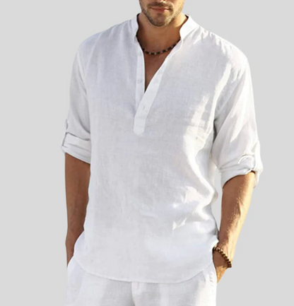Léo - Chemise en Lin Homme Casual avec Col Mao et Manches Longues Retroussables