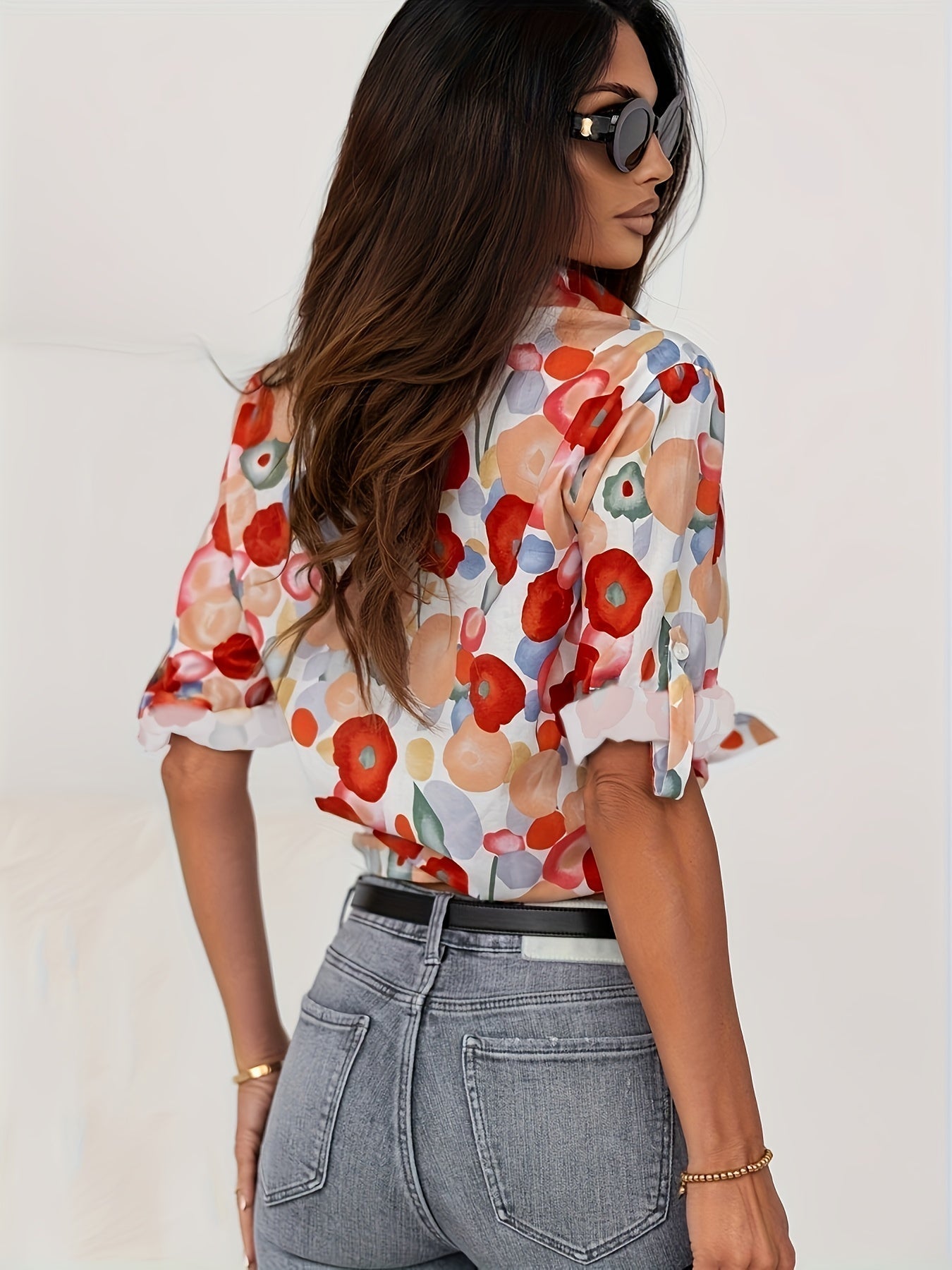 Lola - Blouse en Lin Femme Bohème à Imprimé Fleuri Multicolore avec Col V et Manches Longues