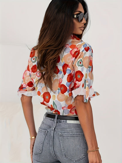 Lola - Blouse en Lin Femme Bohème à Imprimé Fleuri Multicolore avec Col V et Manches Longues