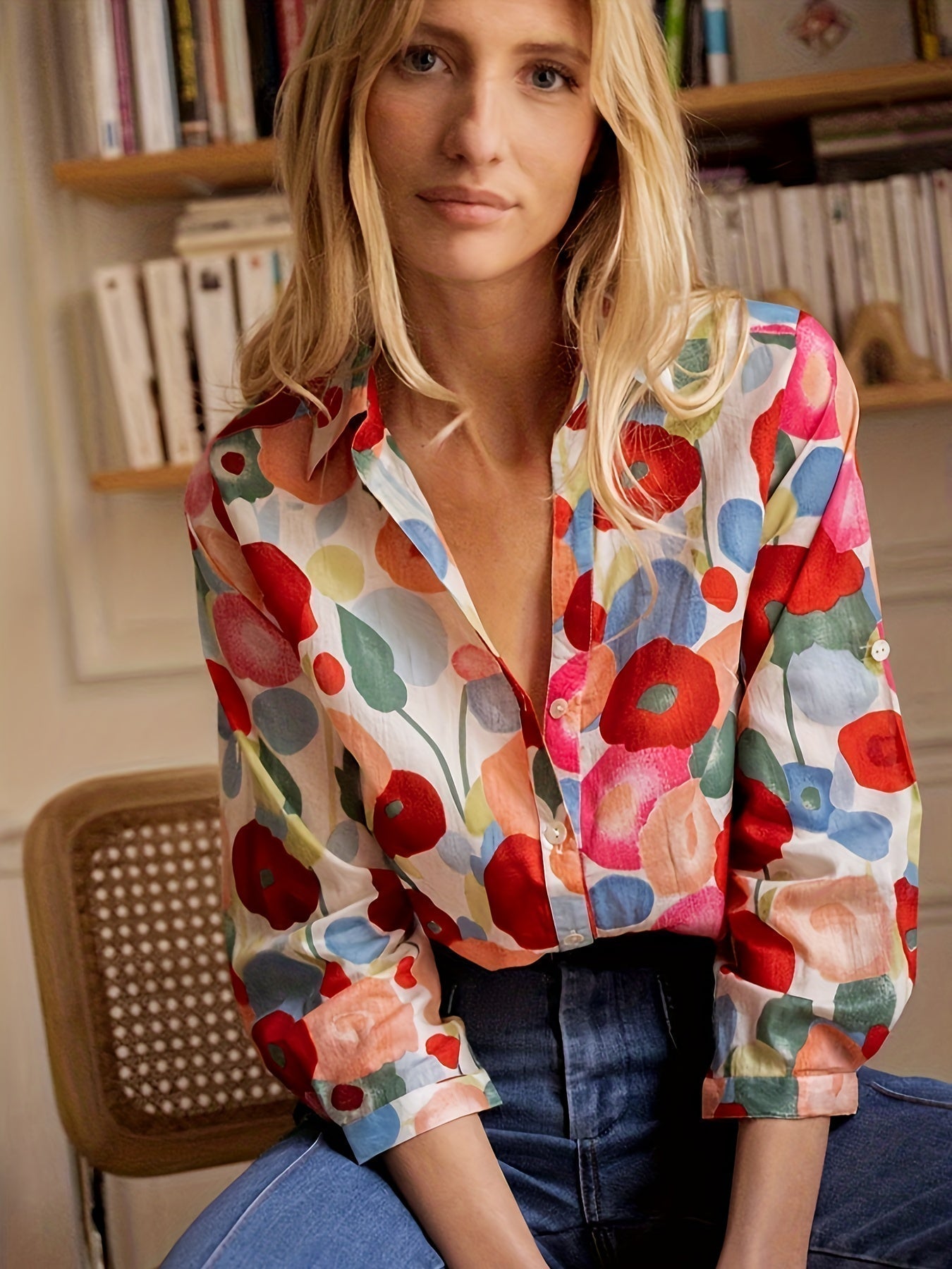 Lola - Blouse en Lin Femme Bohème à Imprimé Fleuri Multicolore avec Col V et Manches Longues
