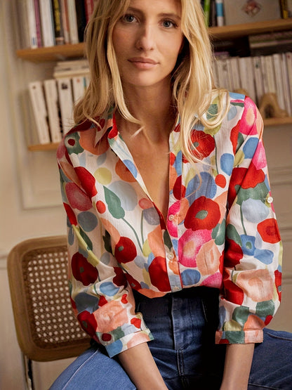 Lola - Blouse en Lin Femme Bohème à Imprimé Fleuri Multicolore avec Col V et Manches Longues