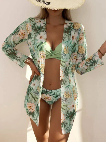Lola - Ensemble Maillot de Bain Femme Trois Pièces Bohème avec Bikini Torsadé et Kimono Fleuri