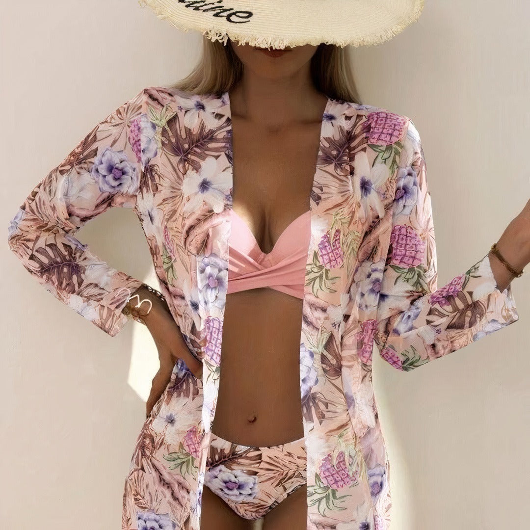 Lola - Ensemble Maillot de Bain Femme Trois Pièces Bohème avec Bikini Torsadé et Kimono Fleuri