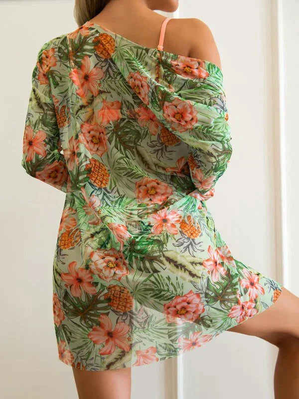 Lola - Ensemble Maillot de Bain Femme Trois Pièces Bohème avec Bikini Torsadé et Kimono Fleuri