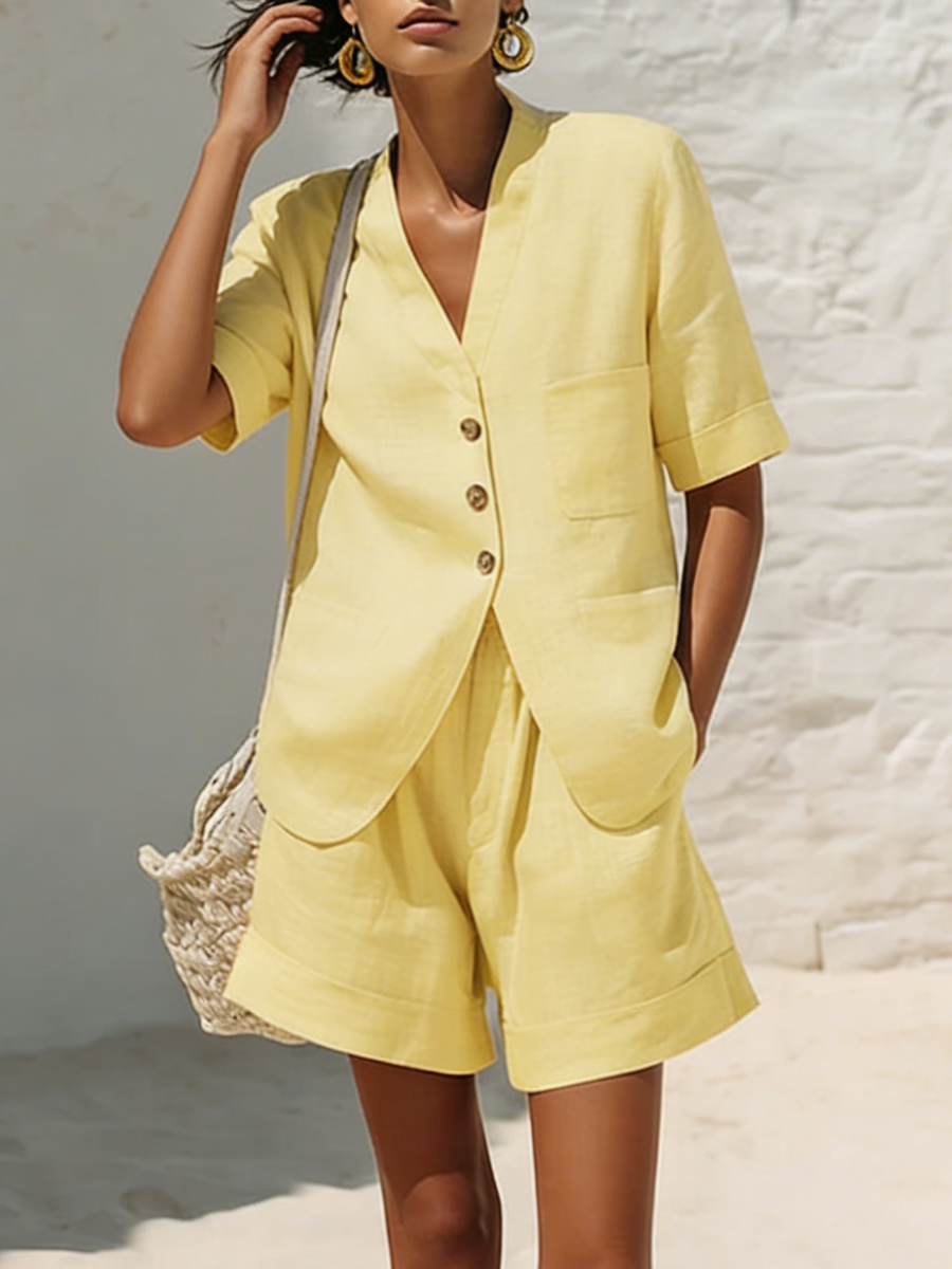 Lola - Ensemble d'Été en Lin Chic Femme avec Veste Boutonnée et Short Taille Haute