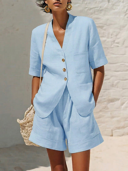 Lola - Ensemble d'Été en Lin Chic Femme avec Veste Boutonnée et Short Taille Haute