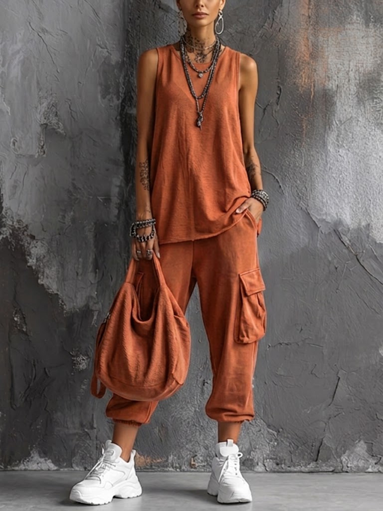 Lola - Ensemble en Lin Streetwear Femme avec Top Débardeur et Pantalon Cargo Ample