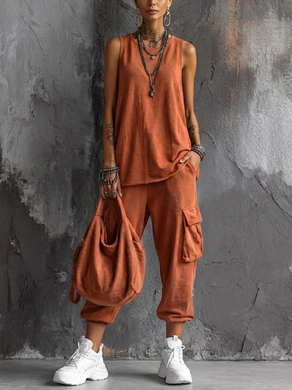 Lola - Ensemble en Lin Streetwear Femme avec Top Débardeur et Pantalon Cargo Ample