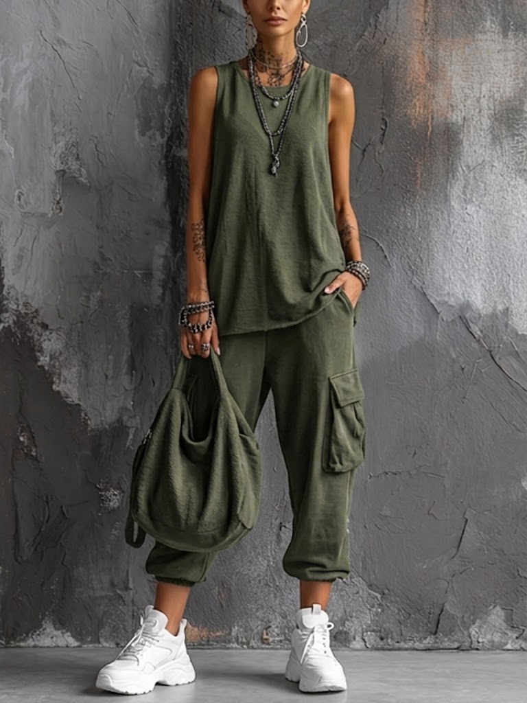 Lola - Ensemble en Lin Streetwear Femme avec Top Débardeur et Pantalon Cargo Ample