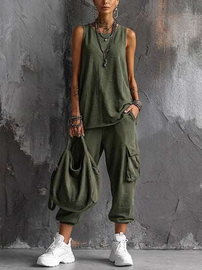 Lola - Ensemble en Lin Streetwear Femme avec Top Débardeur et Pantalon Cargo Ample