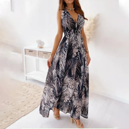 Lola - Robe Invitée Mariage Femme Bohème Longue Imprimé Tropical et Col V