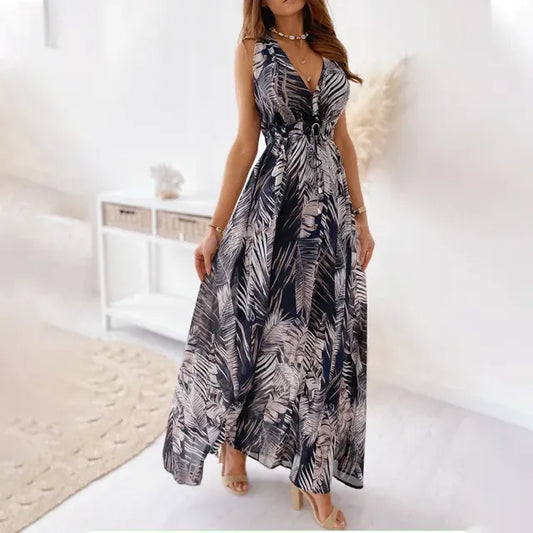 Lola - Robe Invitée Mariage Femme Bohème Longue Imprimé Tropical et Col V