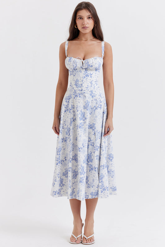 Lola - Robe Invitée Mariage Femme Midi Bustier à Bretelles et Jupe Évasée Romantique
